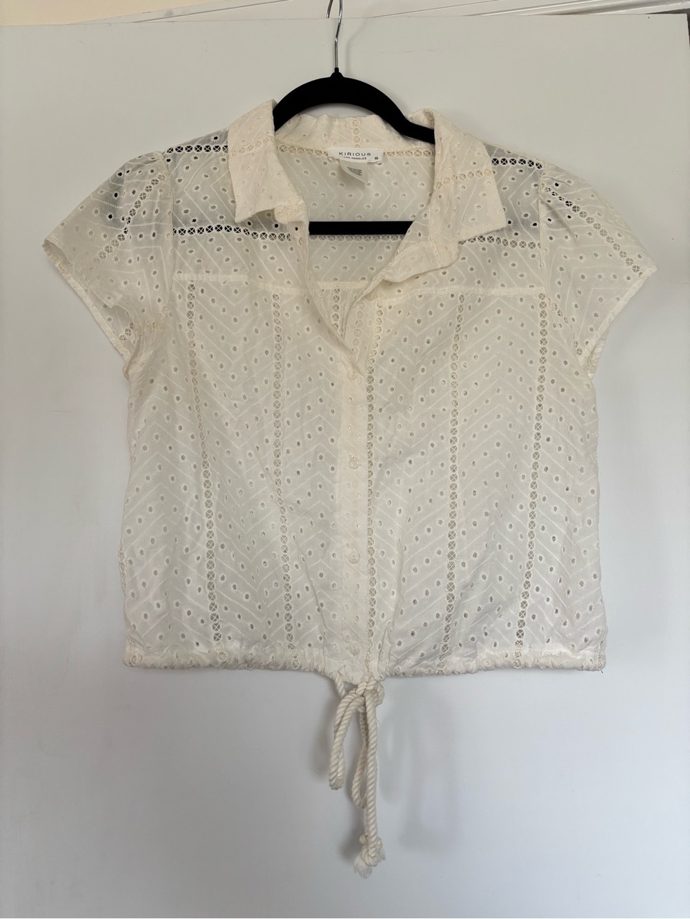 White Eyelet Button-Down Tie-Hem Shirt